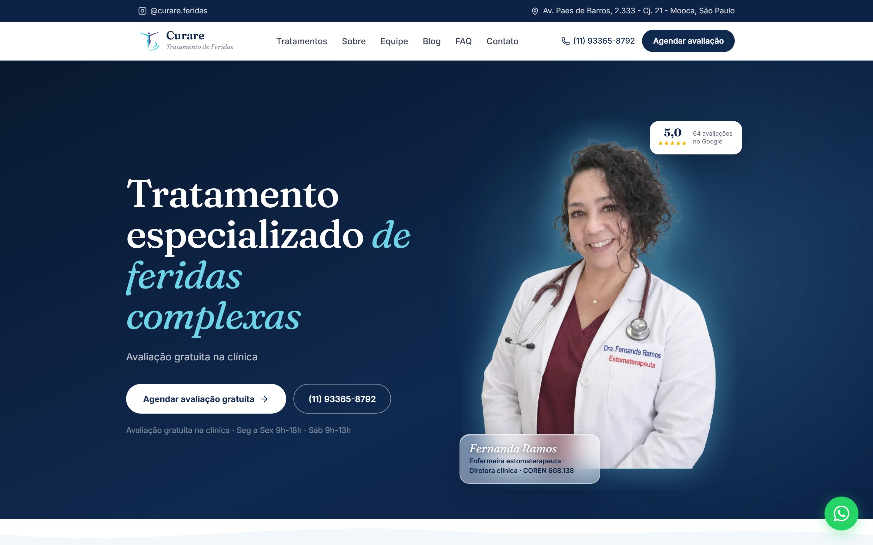 Site da Curare em desktop, pagina inicial com tratamento de feridas