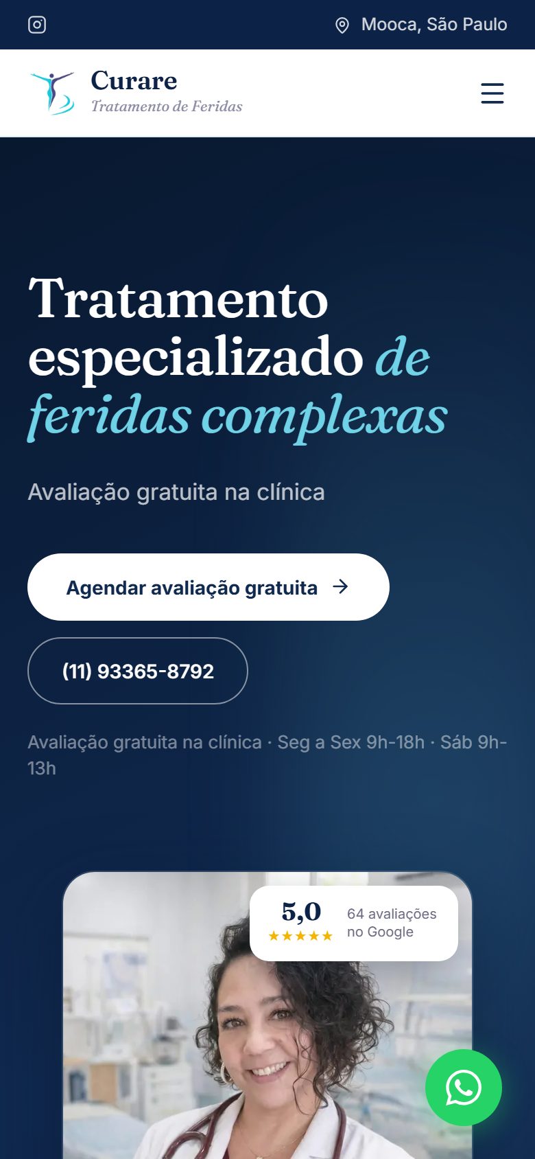 Site da Curare em celular, versao mobile responsiva
