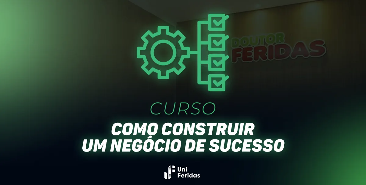 Capa do curso sobre construir um negócio de tratamento de feridas, com ícones de engrenagem e checklist