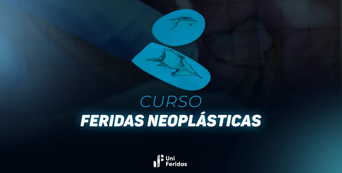 Capa do curso de feridas neoplásicas, com curativos especiais em fundo azul